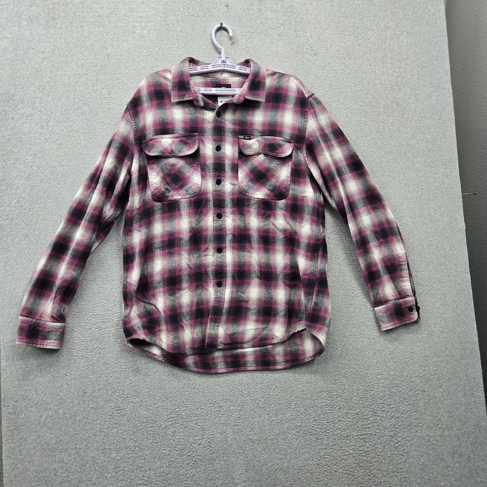Obey Men Button Up Shirt XL Purple Plaid Flannel Long Sleeve Logo Pocket Collar
